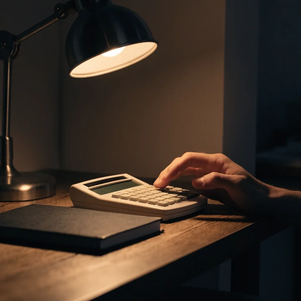 A shoulder and forearm at a desk under a warm lamp, with a notebook, calculator and pen at arm's length