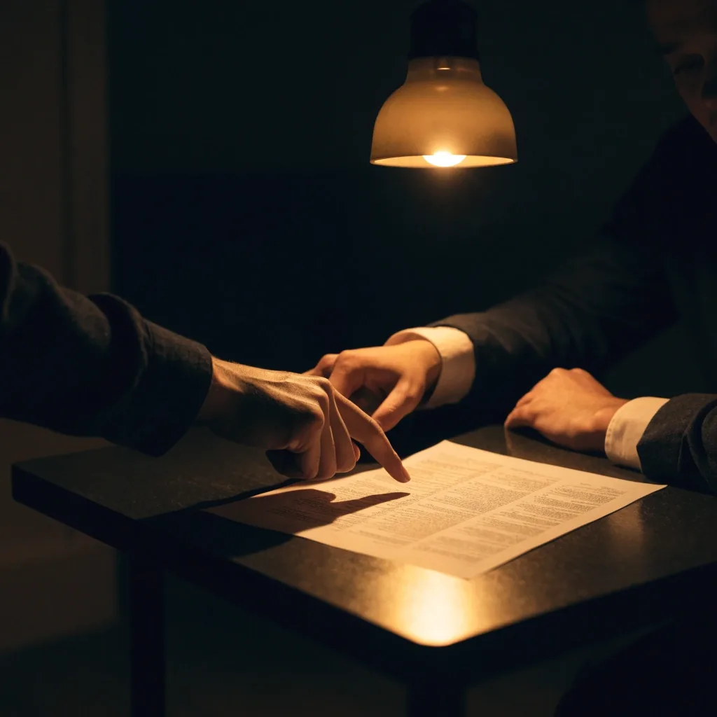 Two people reviewing a compensation sheet at a desk under one warm lamp