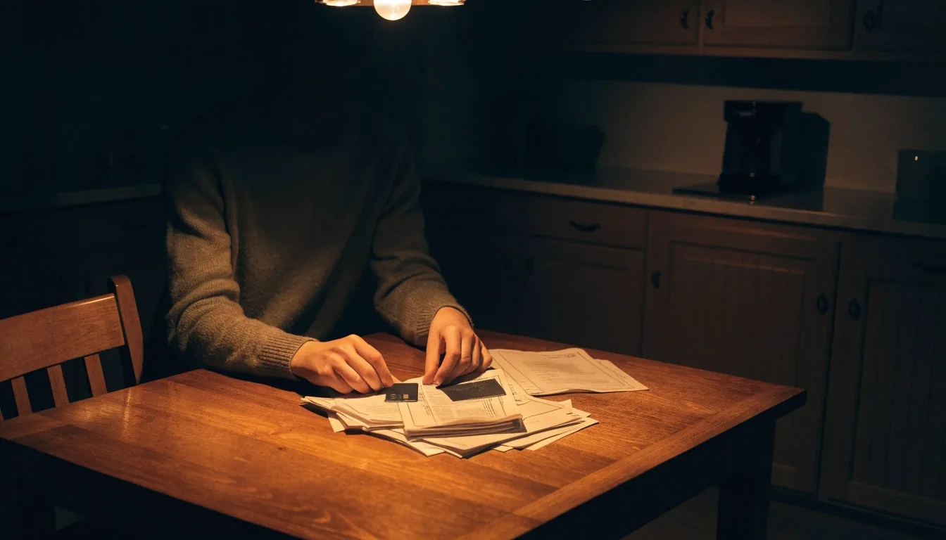 Hands sorting household bills and a bank card on a kitchen table under a single warm lamp at night