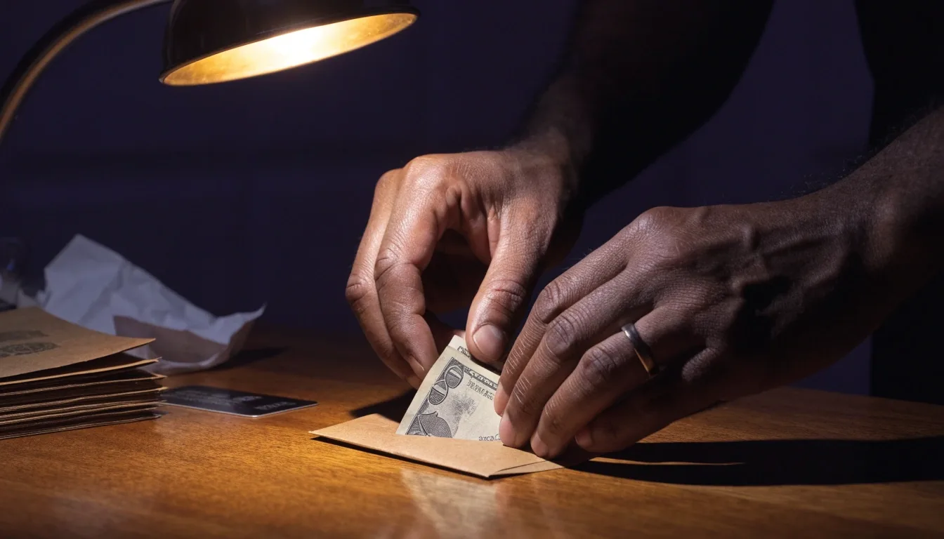 Hands moving a folded bill into an envelope on a kitchen counter under a single warm lamp