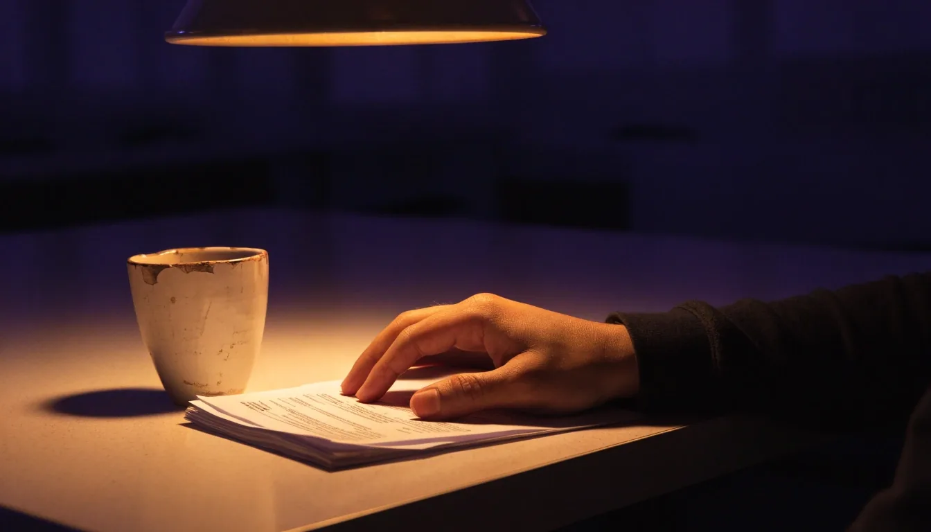 A hand resting on a face-down stack of pay stubs at a desk under a single warm lamp at night