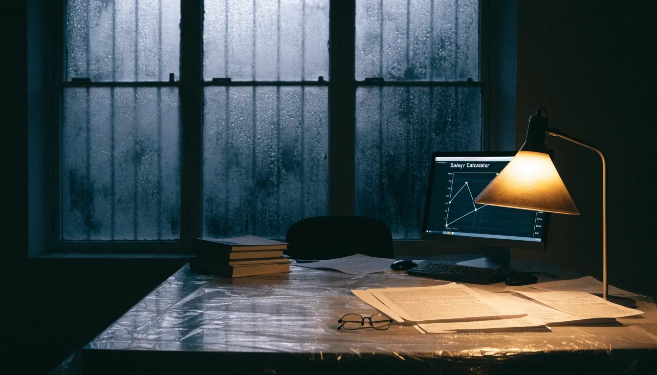A quiet office room at night with a single warm lamp on a table and fog on the window glass