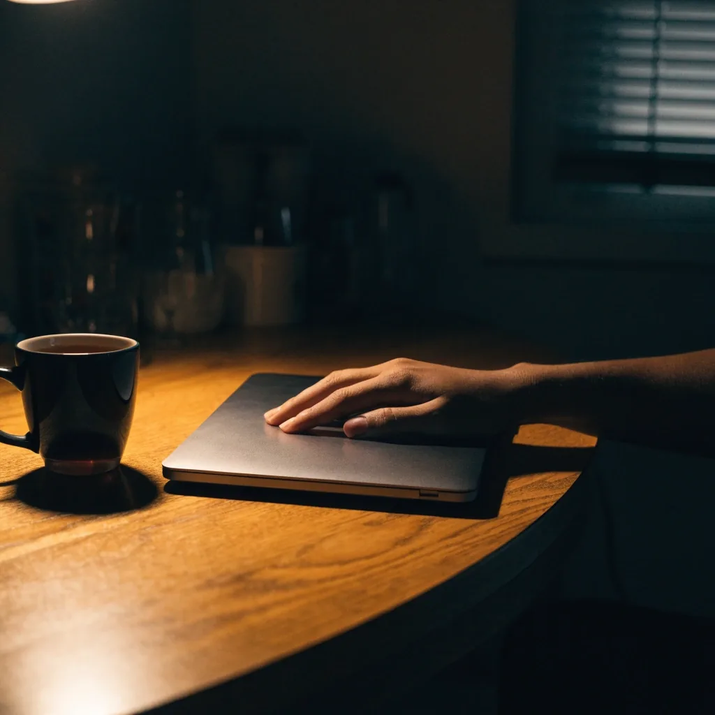 A desk at midnight under one warm lamp, papers stacked in the pool of light
