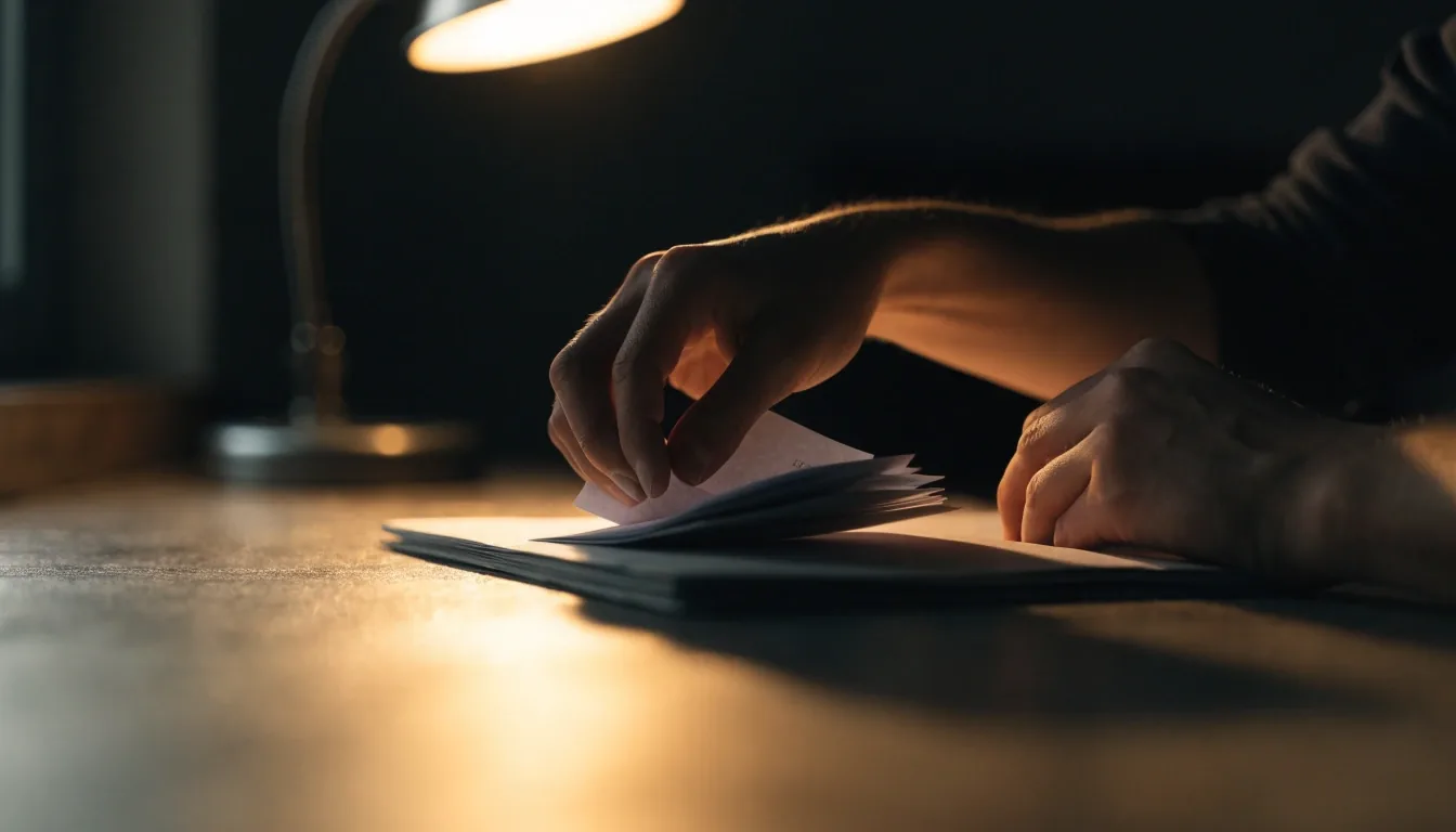 Hands sorting a stack of papers under a single warm lamp on a dark desk