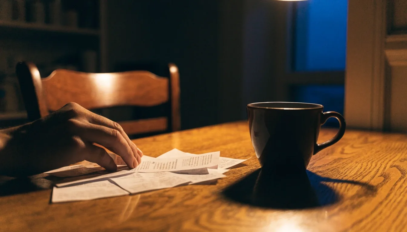A person's shoulder and forearm at a desk beside a stack of receipts under a warm lamp