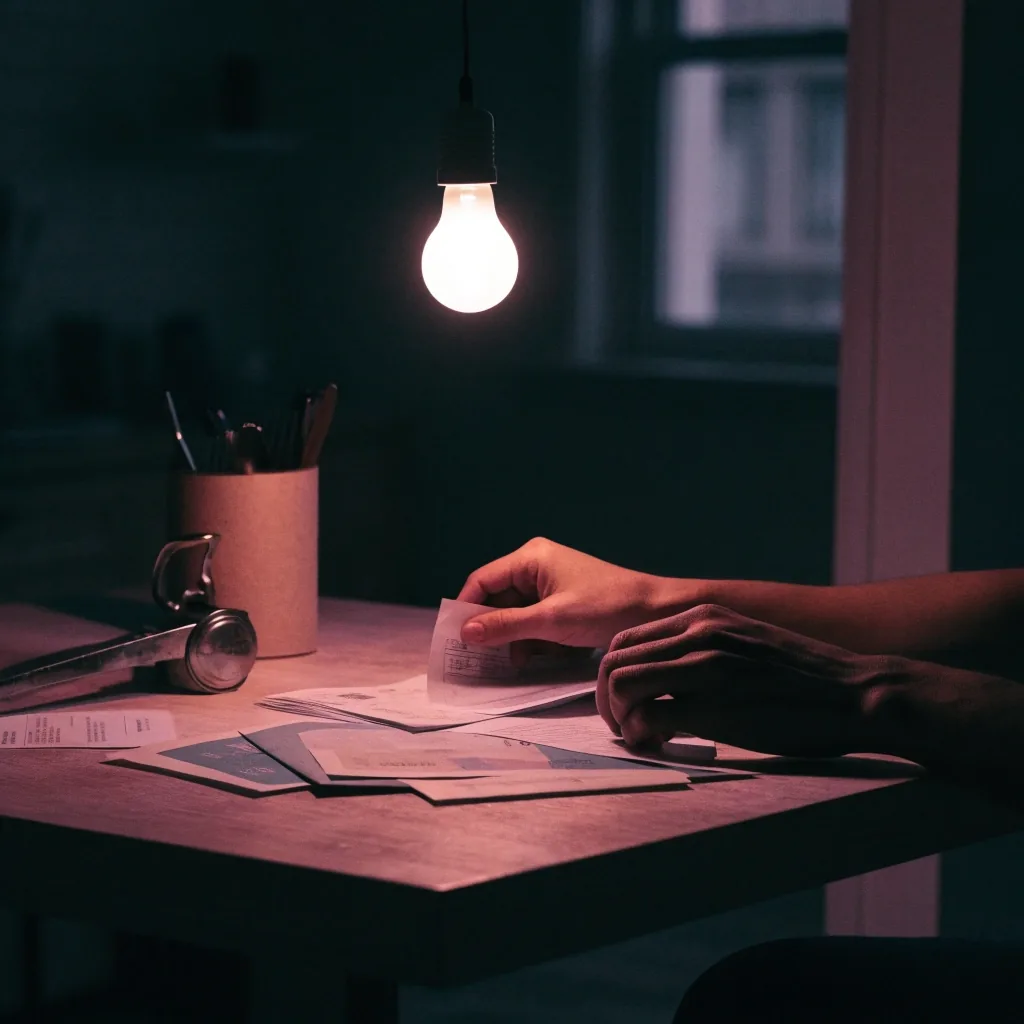 Hands sorting a small stack of papers under a single warm bulb