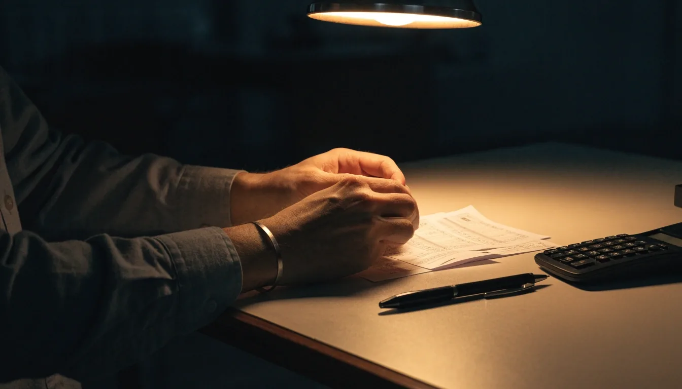 Hands sorting paper pay stubs on a desk under a single warm lamp at night