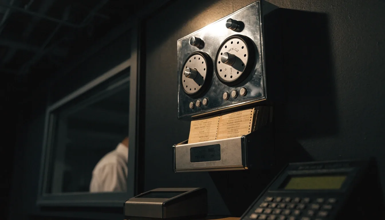 Time cards and a wall clock station lit by a single lamp at night