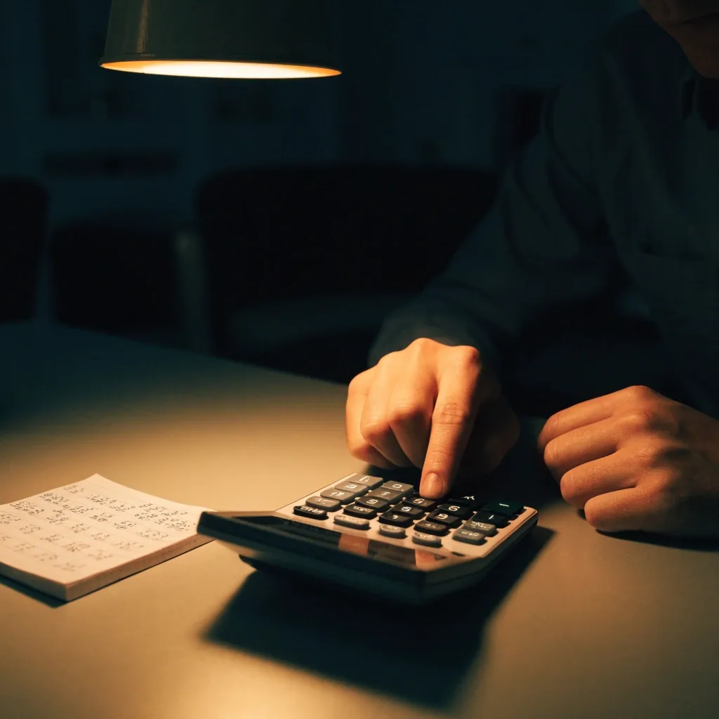 Hands entering paycheck figures on a calculator at a lamplit table
