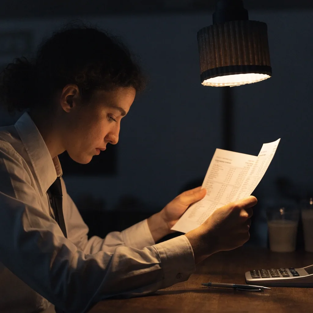 Printed pay stubs and a pen on a dark desk under one warm desk lamp
