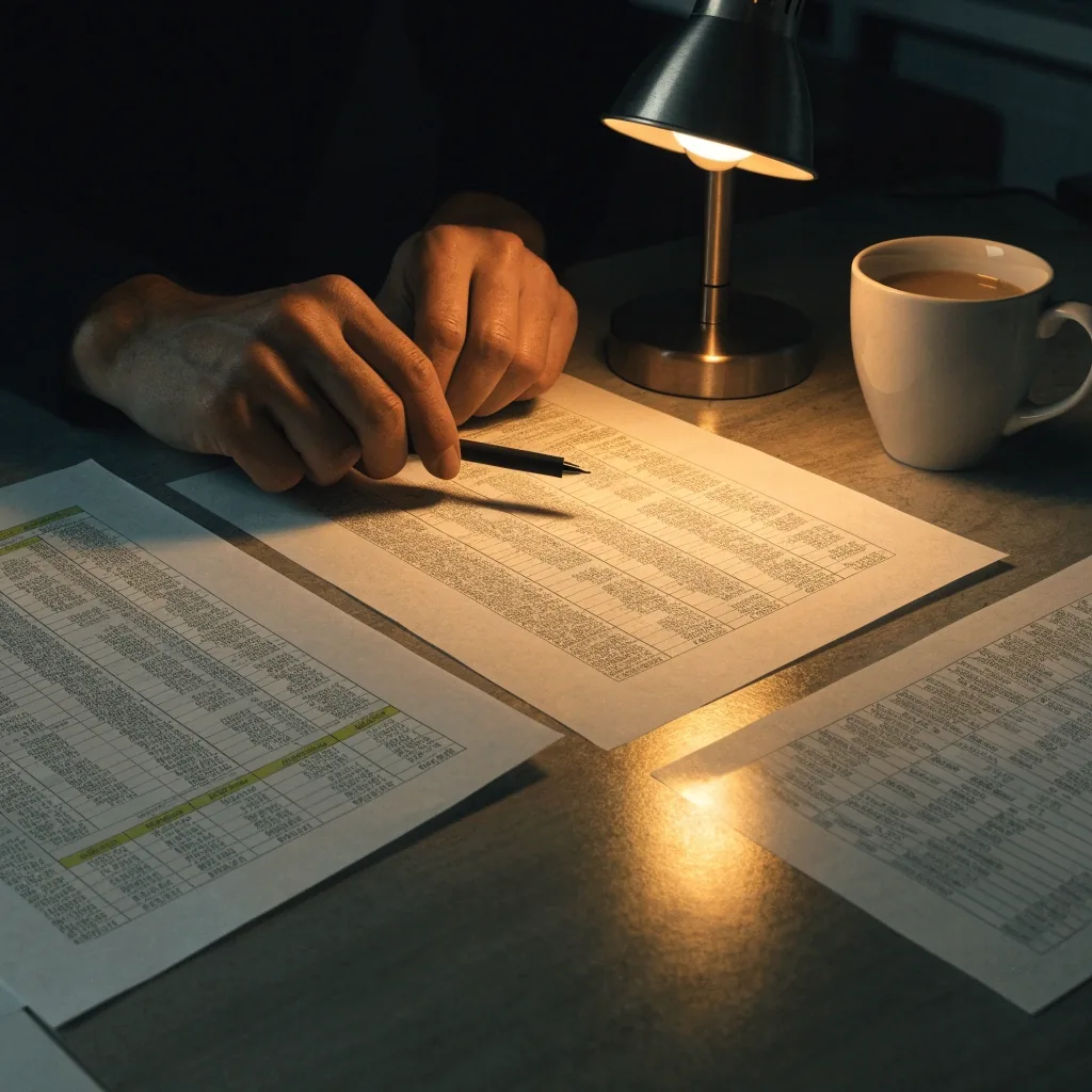 Three printed pay summaries laid side by side on a lamplit desk
