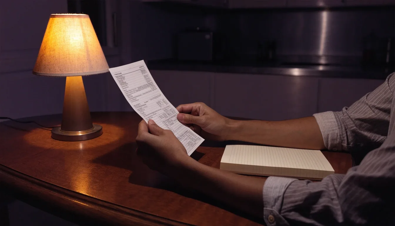 A person comparing a pay stub with handwritten notes under a single warm lamp at night