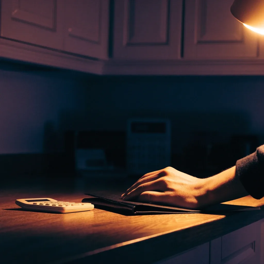 A closed folder and a small calculator on a desk under a single lamp at night