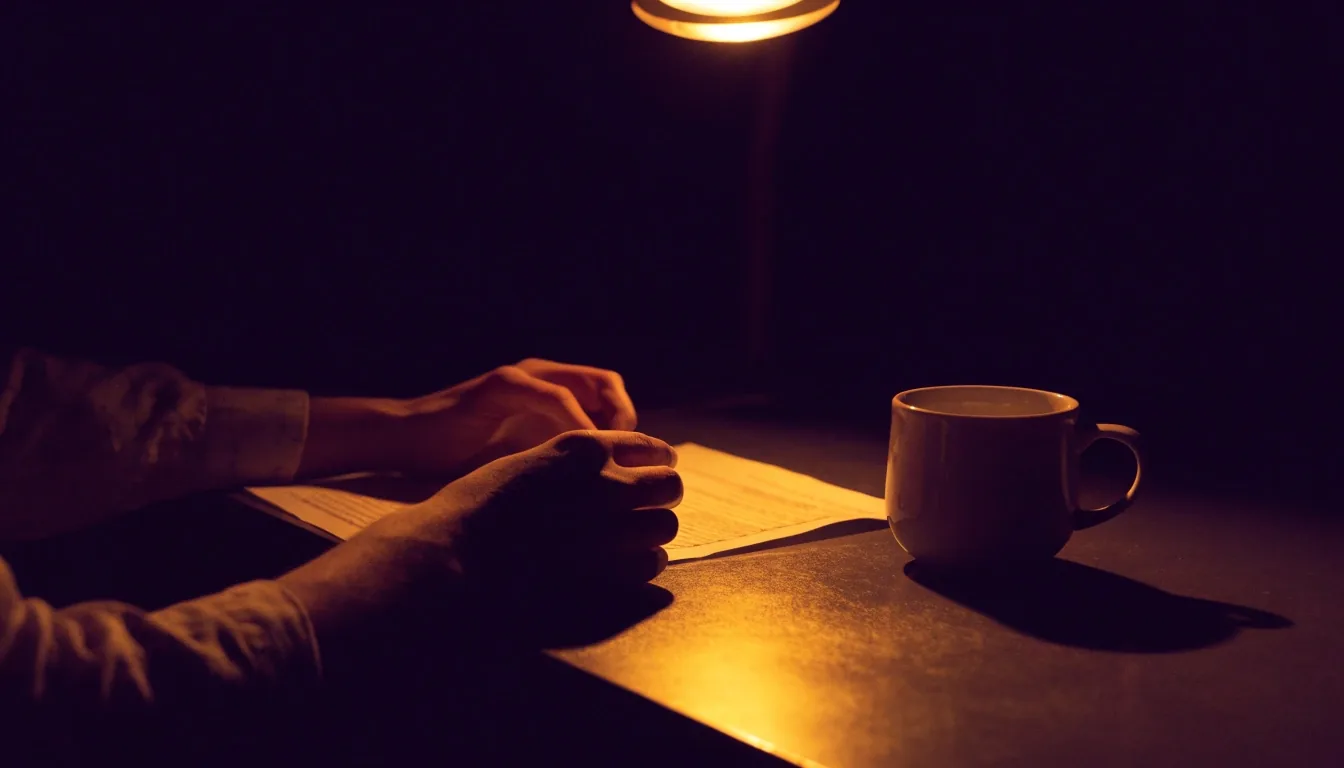 Hands resting on a desk under a warm lamp while salary paperwork is reviewed at night